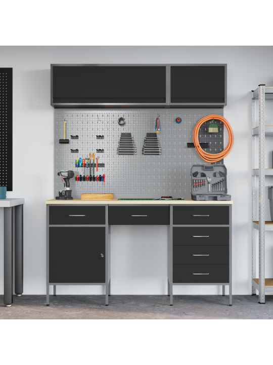 Pracovní kabinet a pegboard 8 ks černý mdf a kov