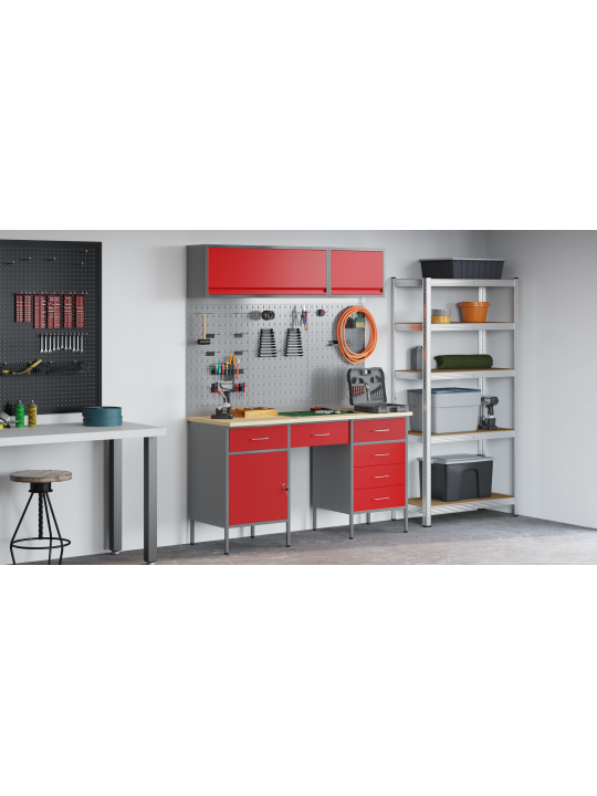 8dílná pracovní skříň a pegboard set červená mdf a kov