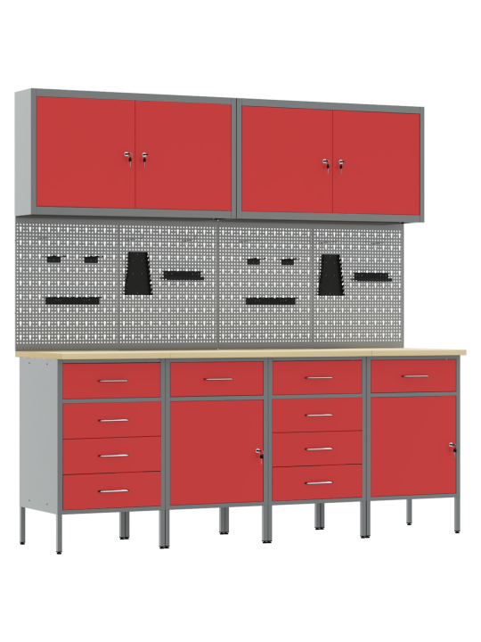 10dílná pracovní skříň a pegboard sada, červená, mdf a kov