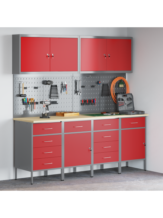 10dílná pracovní skříň a pegboard sada, červená, mdf a kov