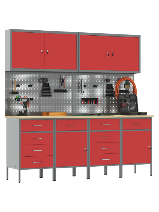 10dílná pracovní skříň a pegboard sada, červená, mdf a kov