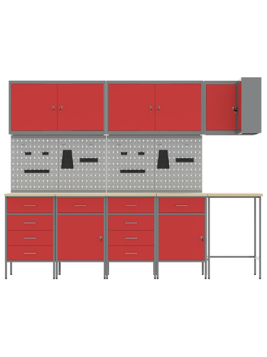 Pracovní kabinet a pegboard, 12 kusů, červený, mdf a kov