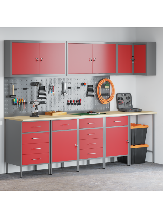 Pracovní kabinet a pegboard, 12 kusů, červený, mdf a kov