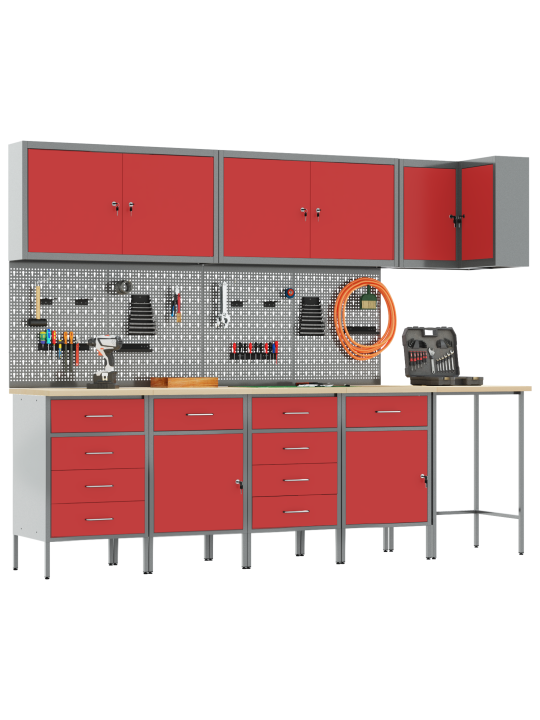 Pracovní kabinet a pegboard, 12 kusů, červený, mdf a kov