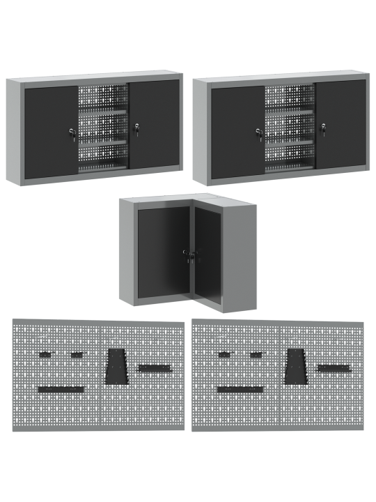 12dílná sada pracovního kabinetu a pegboardu - černá mdf a kov