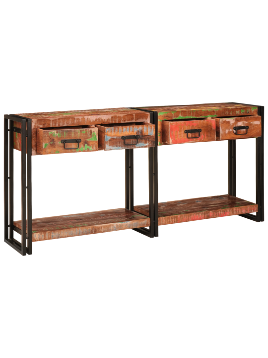 Sada konzolových stolů 2 se zásuvkami, vícebarevné masivní dřevo, konzolový stolek se zásuvkami 160x33x75 cm masivní recyklované dřevo