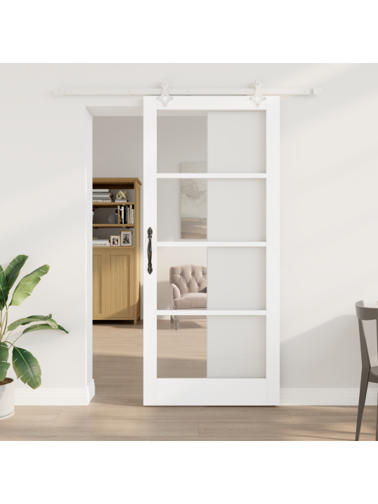 Posuvné dveře s hardwarem sada bílá 93x211 cm masivní dřevo borovice, interiérové dveře se sklem "orkdal" bílá 93x211x4 cm