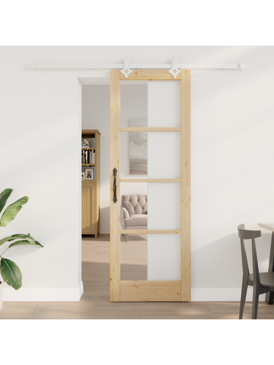 Posuvné dveře se sadou kování 73,5x211 cm z masivního borového dřeva, vnitřní dveře se sklem "orkdal" 73,5x211x4 cm z masivního borového dřeva