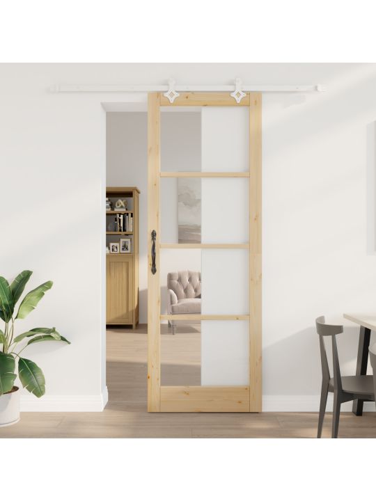 Posuvné dveře s hardwarem 83x232 cm z masivního borového dřeva, interiérové dveře s sklem 'orkdal'83x232x4 cm z masivního borového dřeva