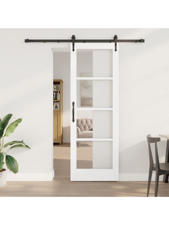 Posuvné dveře se sadou kování bílá 73,5x211 cm masivní borové dřevo, vnitřní dveře se sklem 'orkdal'bílá 73,5x211x4 cm