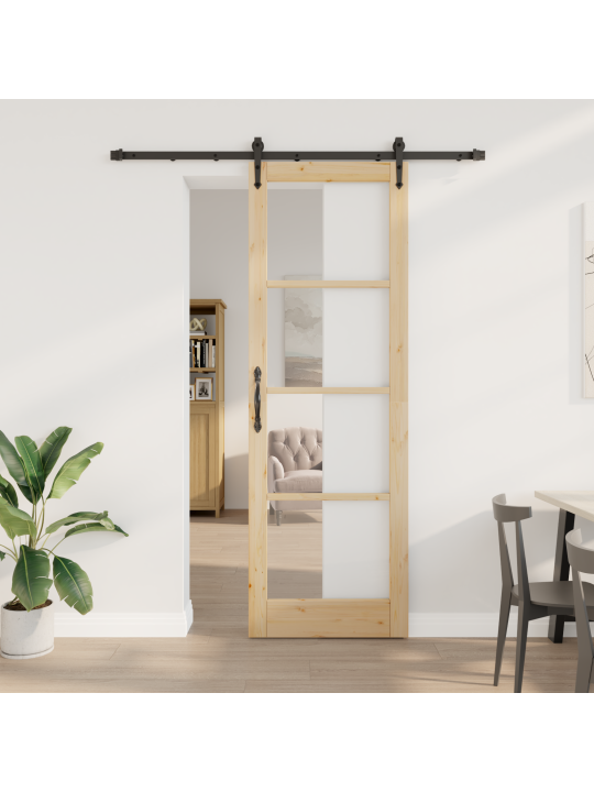 Posuvné dveře se sadou kování 78x232 cm masivní dřevo borové, interiérové dveře s sklem 'orkdal'78x232x4 cm masivní dřevo borové