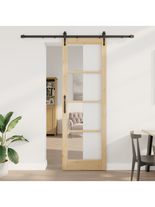 Posuvné dveře se sadou kování 78x232 cm z masivního borového dřeva, interiérové dveře se sklem 'orkdal'78x232x4 cm z masivního borového dřeva