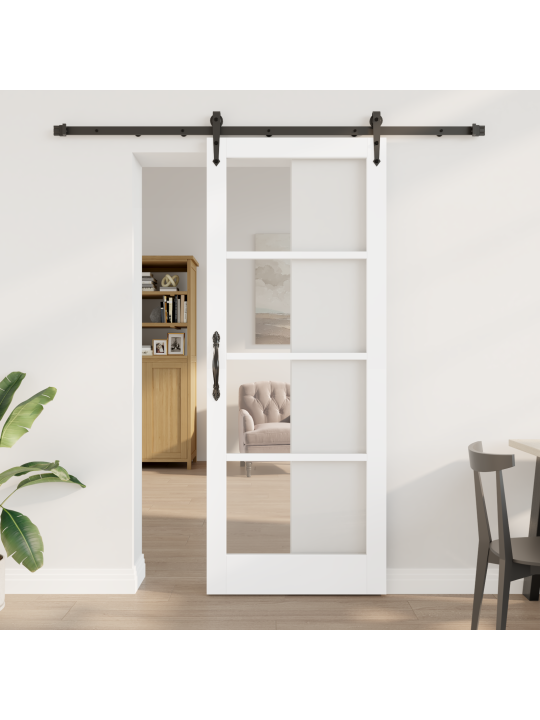Bílé posuvné dveře se sadou hardware 83x211 cm z masivní borovice, interiérové dveře s sklem 'orkdal'bílé 83x211x4 cm