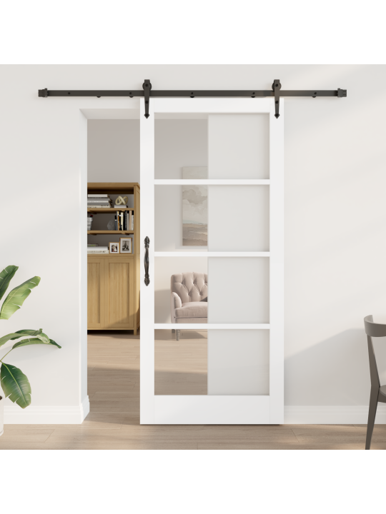 Posuvné dveře se sadou hardwaru bílá 93x211 cm masivní borové dřevo, interiérové dveře se sklem 'orkdal'bílá 93x211x4 cm
