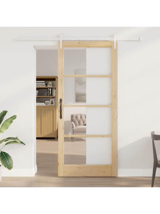 Posuvné dveře se sadou hardware 93x211 cm z masivního borového dřeva, vnitřní dveře se sklem 'orkdal'93x211x4 cm z masivního borového dřeva