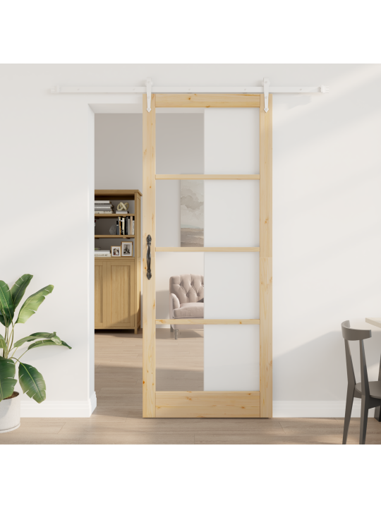 Posuvné dveře s instalačním setem 93x232 cm masivní dřevo borové, interiérové dveře s sklem "orkdal" 93x232x4 cm masivní dřevo borové