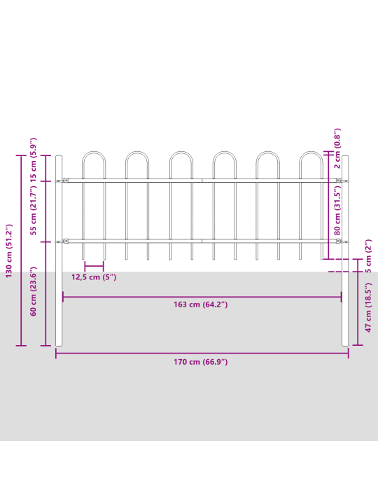 Zahradní plot s vrškem v šedé, 3.4 x 0.8 m, vyrobeno z oceli