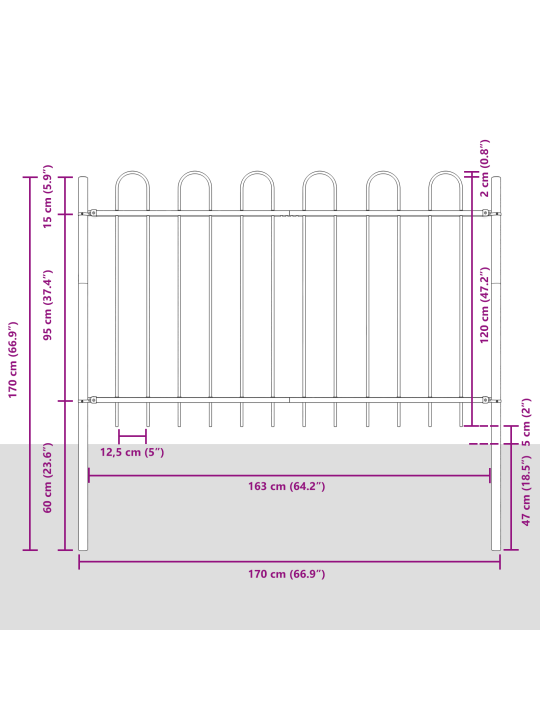 Zahradní plot s obloukovým vrcholem šedá 3,4 x 1,2 m ocel