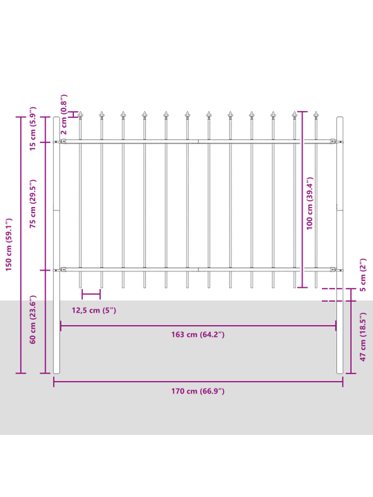 Zahradní plot s hroty šedý 8,5 x 1 m ocel