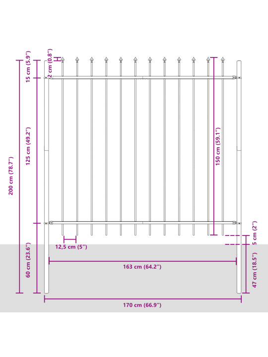 Zahradní plot s špičatým vrchem, šedý, 8,5x1,5 m, ocel