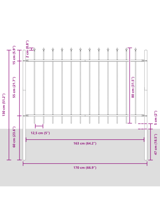 Zahradní plot s hroty, šedý, 13,6x0,8 m, ocel