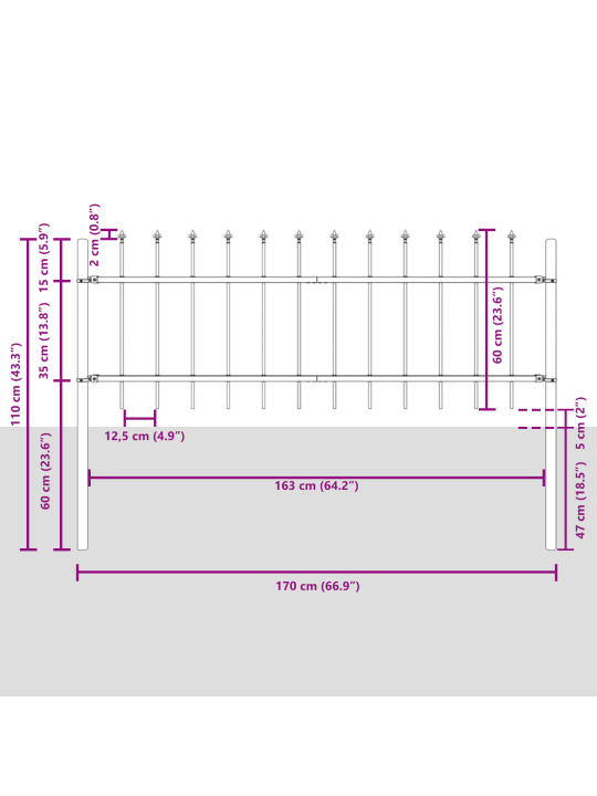 Zahradní plot se špičatými hroty šedý 15,3x0,6 m ocel