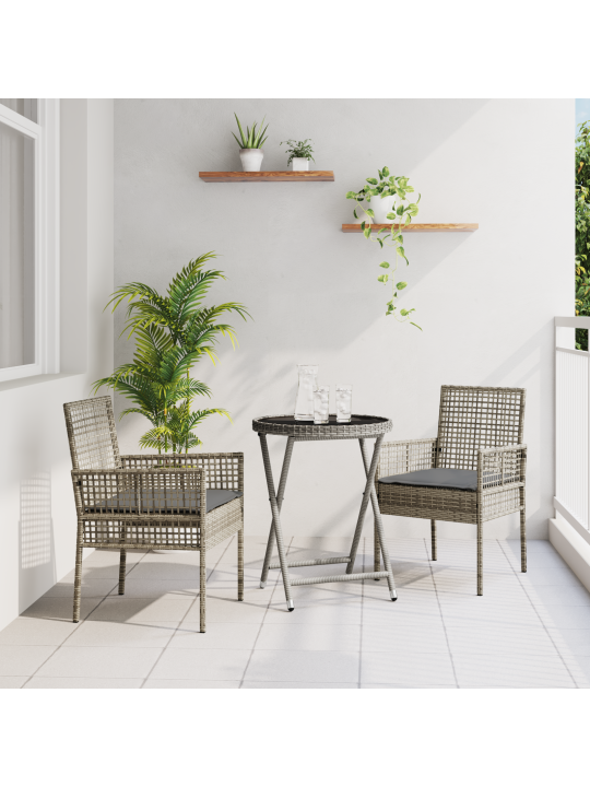 3dílný zahradní bistro set s polštáři šedý poly ratan