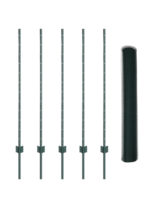Sloupky plotu 5 ks u-kanálem zelené 120 cm ocel, zelený šestiúhelníkový plot 1,2x10 m ocel