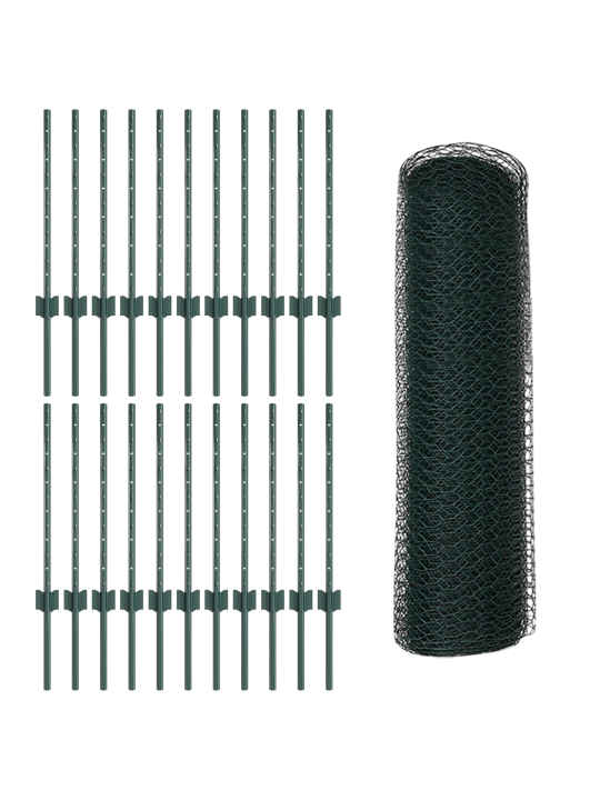 Zahradní sloupky 11 ks u-kanál zelené 60 cm ocel, zelený šestiúhelníkový plot 0.6x50 m ocel
