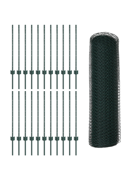 Plotové sloupky 11 ks u-channel zelené 80 cm ocel, hexagonální plot zelený 0.8x50 m ocel