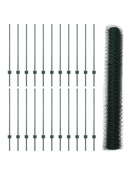 Slučovací sloupky 11 ks u-kanál zelené 100 cm ocel, zelený šestiúhelník plot 1x50 m ocel